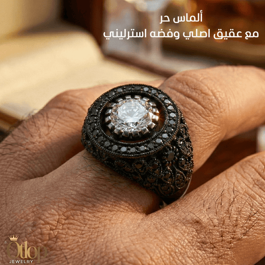 خاتم رجالي تركي عيار ٩٢٥ بترصيع أونكس / فضة ٩٢٥ - كود 0895