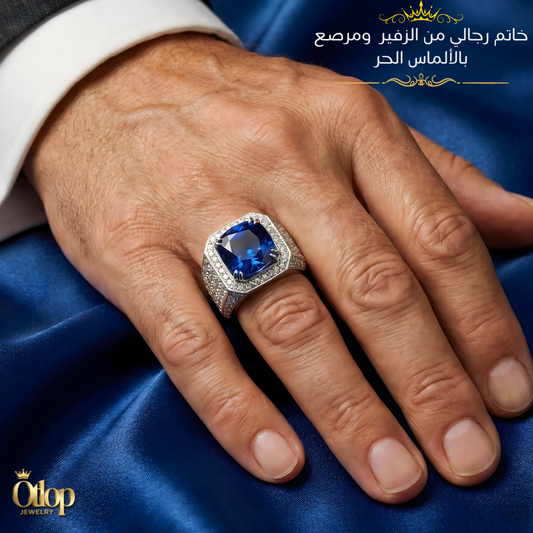 خاتم بحجر رئيسي من الزفير الأصلي ومرصع بالالماس الحر ، للرجال ، هدية فاخرة ، مجوهرات راقية- كود 01091