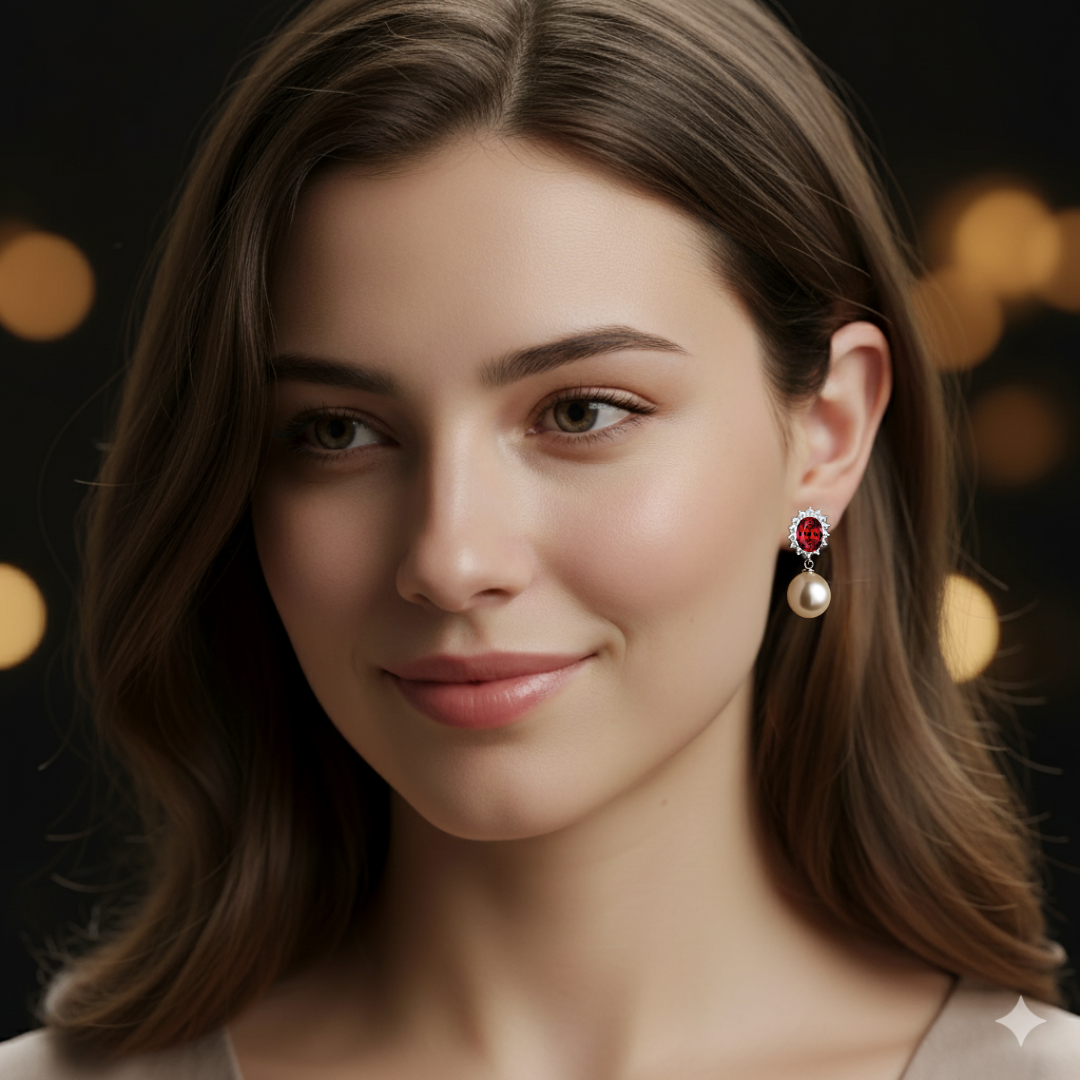 حلق من اللؤلؤ الطبيعي مع الياقوت الأصلي مع ألماس الموزانايت- كود 2600