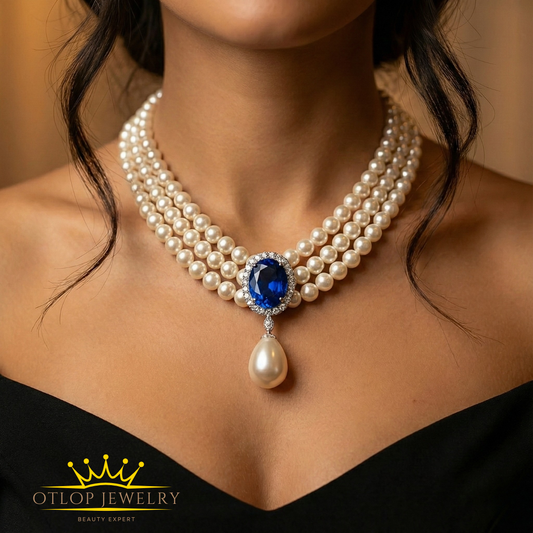 عقد 3 طبقات من اللؤلؤ الطبيعي مع بروش من الزفير الأصلي مطعم بألماس الموزانايت - كود 1042