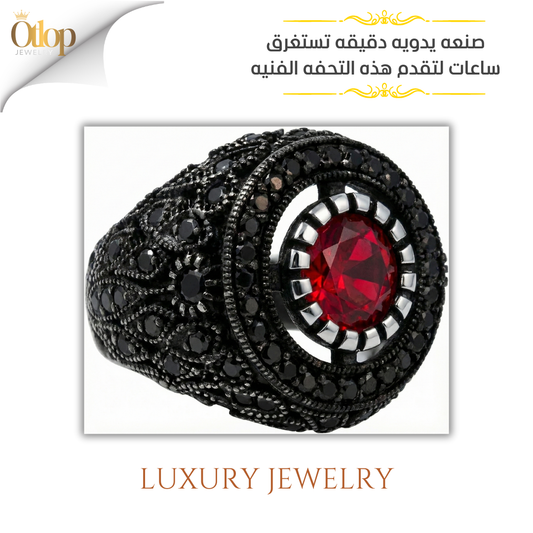 خاتم فضة تركي عيار 925 مع حجر رئيسي وترصيع جانبي بالاونكس الاصلي - كود 88005