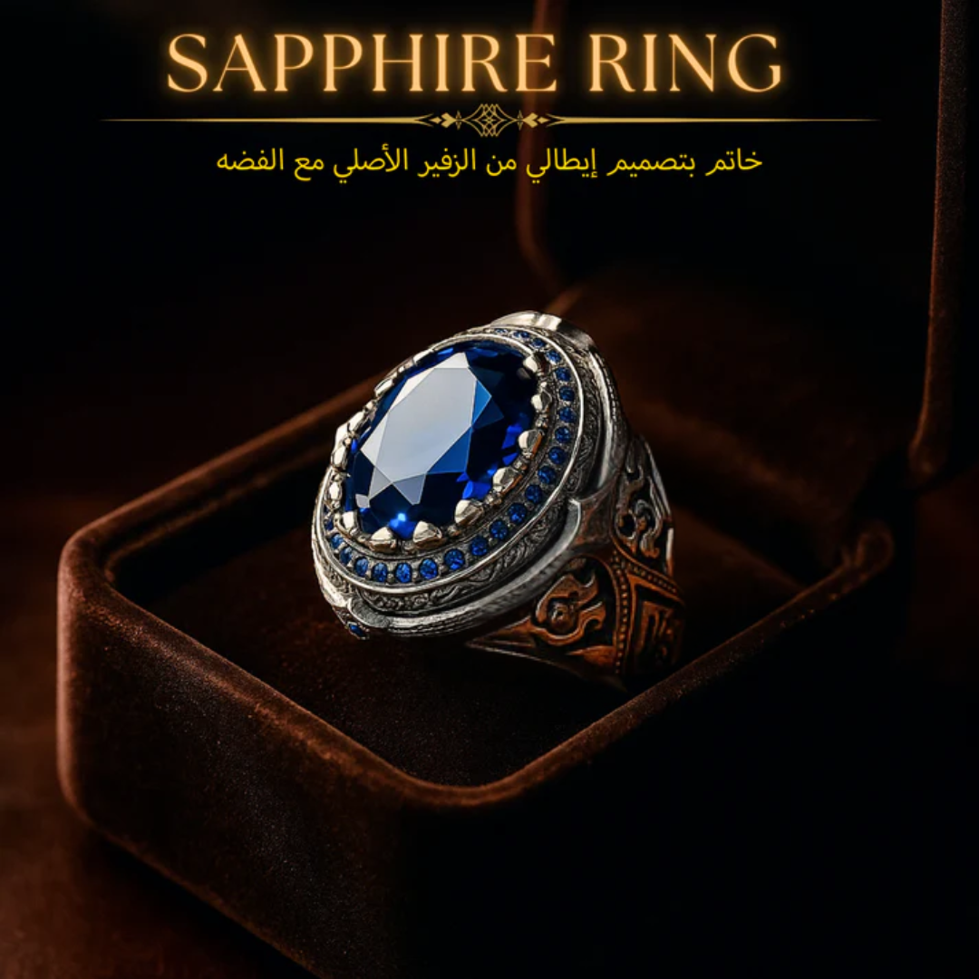 خاتم رجالي بتصميم إيطالي من الزفير الأصلي مع الفضه المطليه بالبلاتين ، للرجال ، هدية فاخرة ، مجوهرات راقية- كود 8191