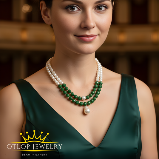 عقد مزدوج من اللؤلؤ الطبيعي وحجر الجاد الأخضر مع بروش من لؤلؤ الباروك النادر - كود 4660
