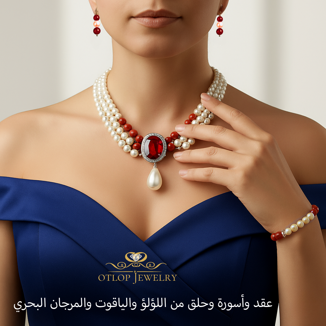 طقم ثلاث قطع من اللؤلؤ الطبيعي والمرجان البحري مع بروش 20 قيراط من الياقوت الأصلي - كود 5101
