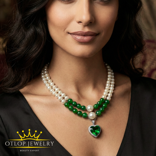 عقد من اللؤلؤ الطبيعي مع حجر الجاد الأخضر الأصلي مع بندانت على شكل قلب - كود 5030