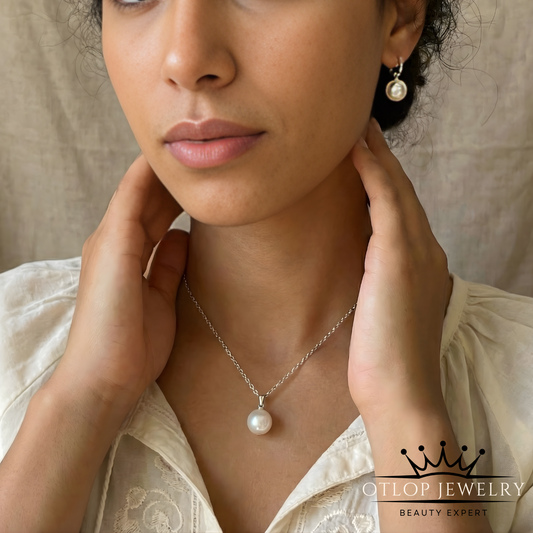 سلسله وحلق من الفضه مع اللؤلؤ الطبيعي - كود 3470