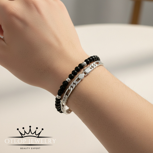 إنسيال فيجارو ستانلس مع عقيق أونكس أصلي، للجنسين- كود 07056