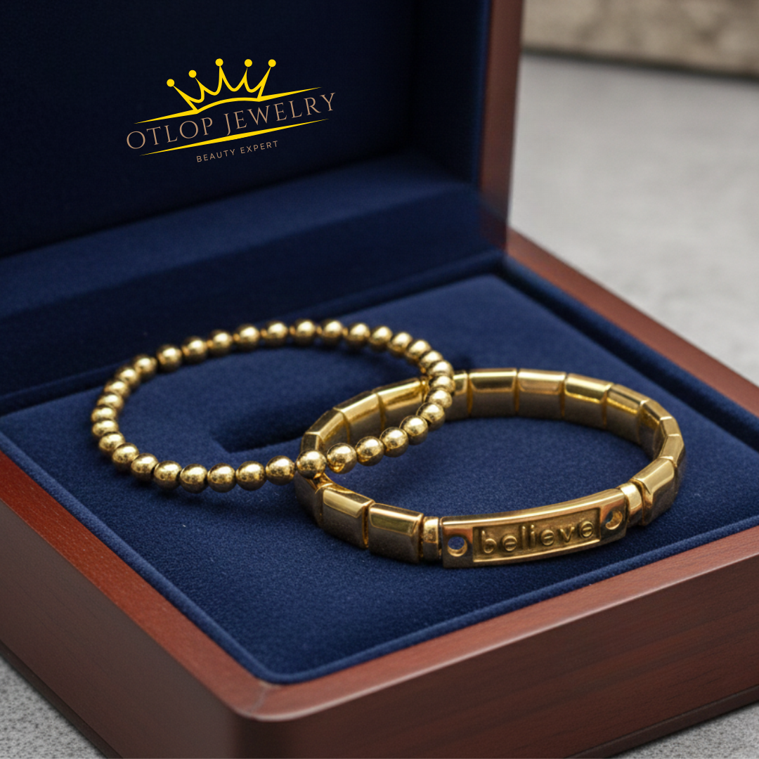 أسورتين بتصميم فريد وجديد. للجنسين، من الهيماتايت الطبيعي المطلي بالذهب- كود 040056