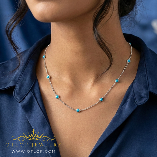 سلسله للجنسين من الفضة الاسترليني الفاخر مع حجر الفيروز الكريم - كود 8103