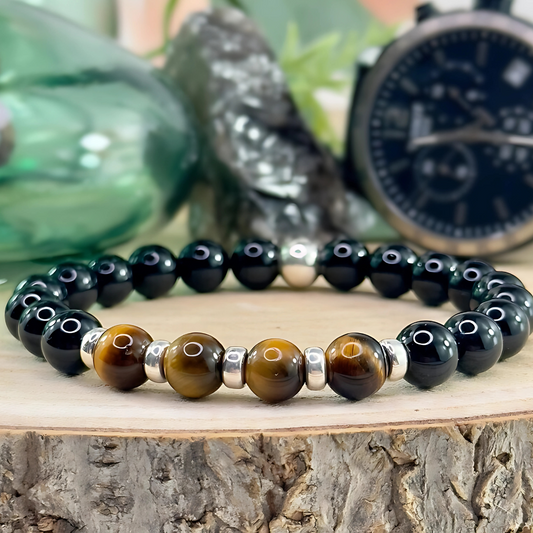 اسورة من الاونكس الأسود مع عقيق عين النمر والفواصل من الهيماتايت الطبيعي تصلح للجنسين - كود 39