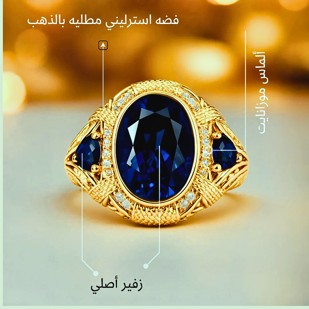 خاتم ألماس موزانايت مع حجر من الزفير الأزرق الملكي، للرجال ، هدية فاخرة ، مجوهرات راقية- كود 980