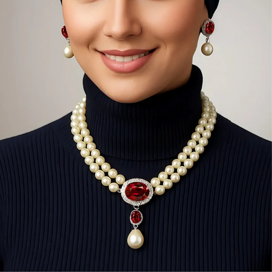 عقد وحلق من الألماس الحر مع اللؤلؤ الطبيعي والياقوت الأصلي لسيدات المجتمع الراقي- كود 1402 (Copy)