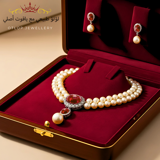 عقد وحلق من الألماس الحر مع اللؤلؤ الطبيعي والياقوت الأصلي لسيدات المجتمع الراقي- كود 1402