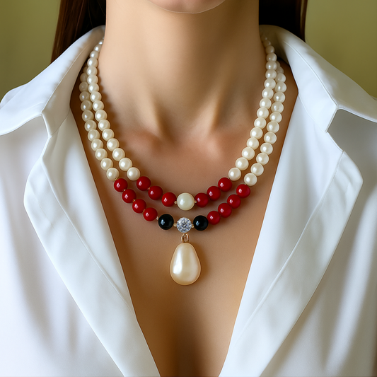 عقد فاخر يجمع بين اللؤلؤ الطبيعي مع المرجان البحري الأصلي مع العقيق الأسود - كود 5010