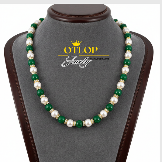عقد من اللؤلؤ الطبيعي مع العقيق الأخضر الأصلي - كود 7650