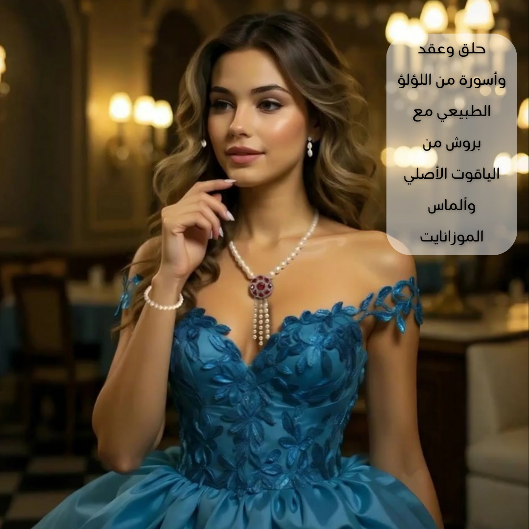 عقد وحلق واسورة من اللؤلؤ الطبيعي مع بروش من الياقوت الأصلي وألماس الموزانايت - كود 6158