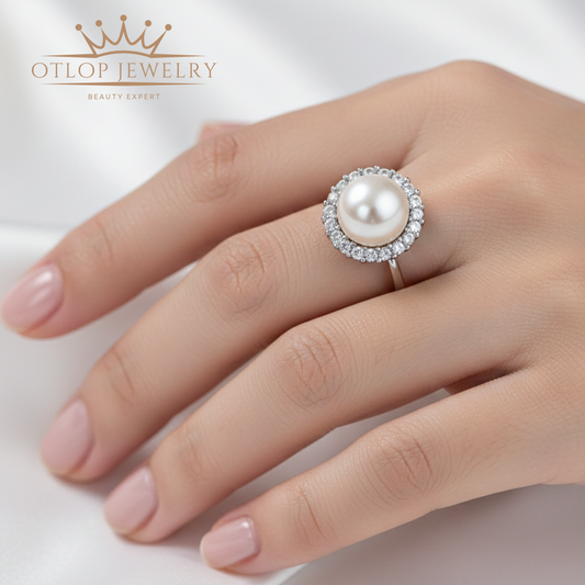 خاتم مرصع بالالماس مع لؤلؤ طبيعي ، هدية فاخرة للنساء، مجوهرات راقية- كود 9770