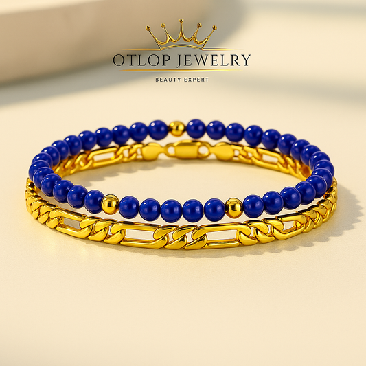 إنسيال فيجارو ستانلس بطلاء ذهبي مع عقيق أزرق أصلي، للجنسين- كود 07006