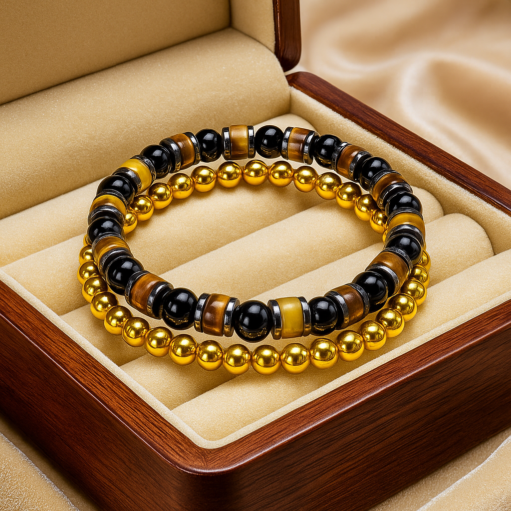 أسورتين للجنسين، من عقيق تايجر آي أصلي مع حجر أونكس طبيعي- كود 04050