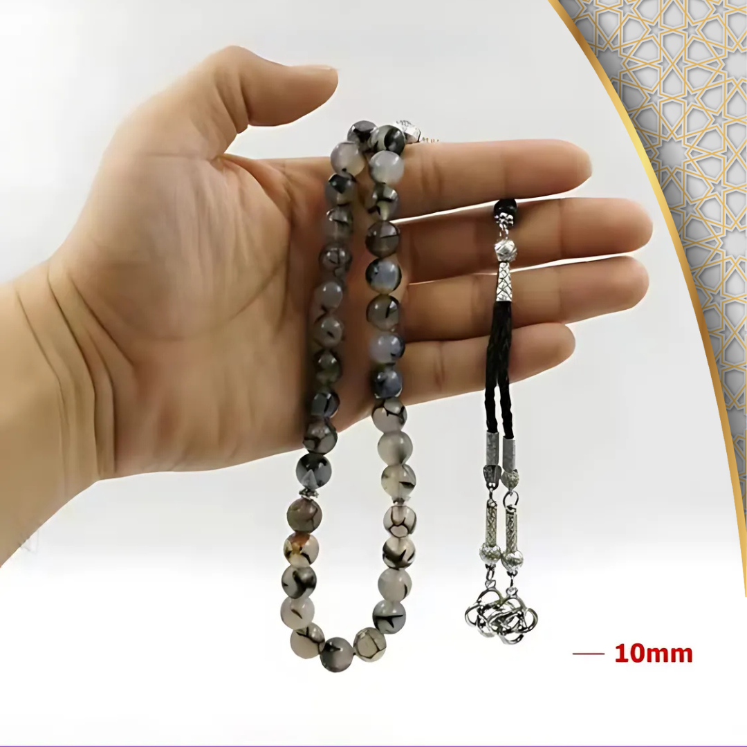 سبحة من العقيق العنكبوتي 33 حبه و 99 حبه مع الفضه أو الاستانلس - كود 4606