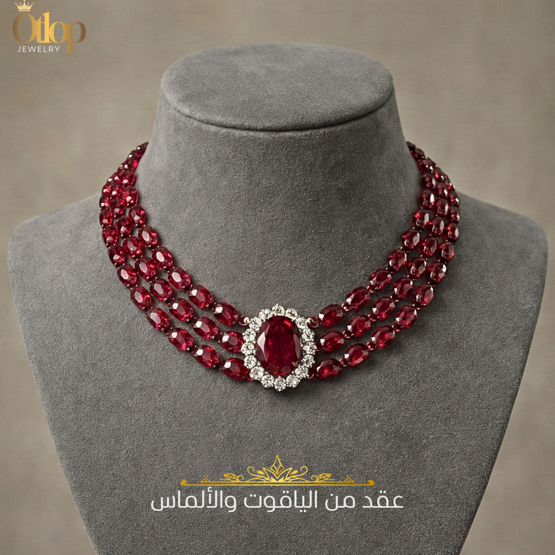 عقد ثلاث طبقات من الياقوت الأصلي مع الألماس الحر - كود 6565