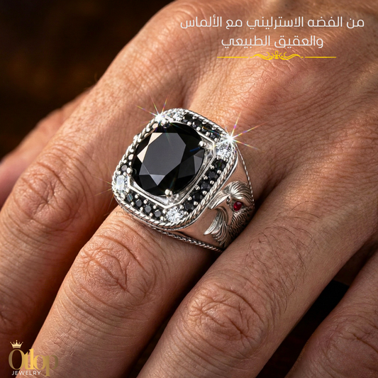 خاتم رجالي فاخر بتصميم تركي من حجر الاونكس الاصلي مع ألماس الموزانايت مع فضة استرليني عيار 925 مطلية بالذهب الابيض - كود 40818
