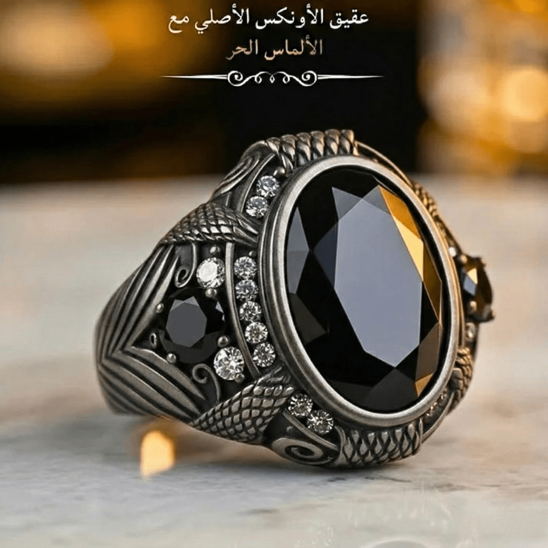 خاتم رجالي أونكس مطلي باللون الأسود مرصع بألماس حر / فضة ٩٢٥ - كود 3210