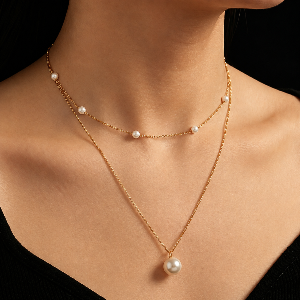 طقم سلسلتين ستانلس مطلي بالذهب مع لؤلؤ طبيعي - كود 6245