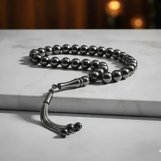 سبحه من الهيماتايت الطبيعي الأصلي بلون الفضه - كود 1380