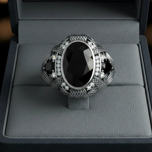 خاتم رجالي من ألماس موزانايت مع حجر من عقيق أونكس الطبيعي، للرجال ، هدية فاخرة ، مجوهرات راقية- كود 9188