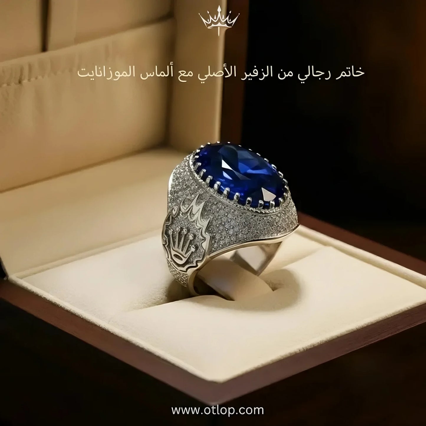 خاتم مطعم بالألماس الحر مع حجر من الزفير الأصلي ، للرجال ، هدية فاخرة ، مجوهرات راقية- كود 9191