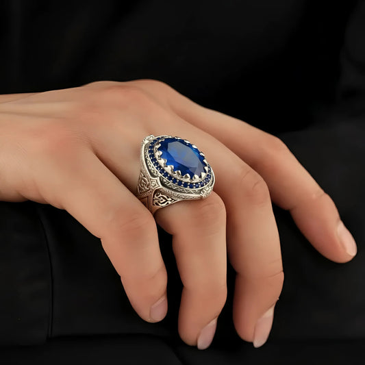 خاتم رجالي بتصميم إيطالي من الزفير الأصلي مع الفضه المطليه بالبلاتين ، للرجال ، هدية فاخرة ، مجوهرات راقية- كود 8191