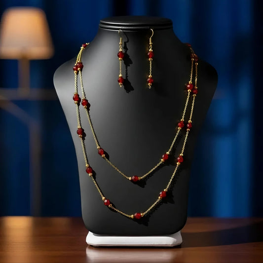 سلسلة وحلق من الجارنيت الأحمر مع الفضة الإسترليني المطلية بالذهب، مجوهرات يدوية- كود 0891