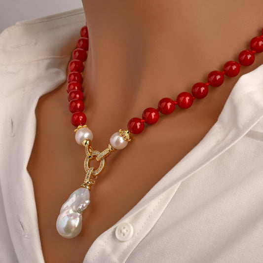 عقد وحلق من المرجان البحري الأحمر مع اللؤلؤ الطبيعي الماجنوم - كود 2990