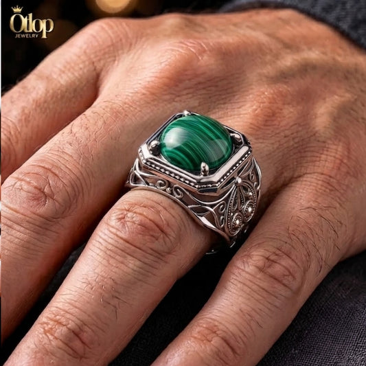 خاتم ملاكيت رجالي فضة إيطالي على الإصبع - كود 62700