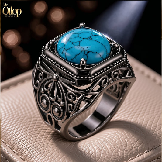 خاتم فيروز بتصميم إيطالي أسود بطلاء أوكسدة - كود 90038833