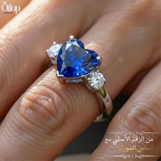 خاتم بفص زفير أصلي، مع ألماس الموزانايت أو الألماس الحر والفضة المطليه بالبلاتين ، هدية للنساء، مجوهرات - كود 9192