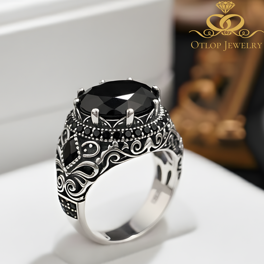 خاتم فضة تركي عيار 925 مع حجر رئيسي وترصيع جانبي بالاونكس الاصلي - كود 8895