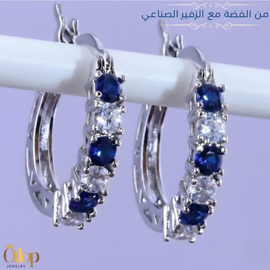 حلق من الفضة عيار 925 مع حجر الزفير الصناعي و الكيوبك زيركونيا -كود 8505