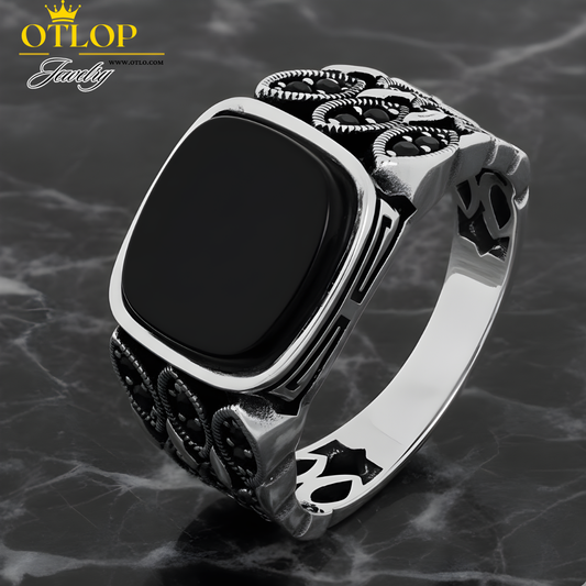 خاتم رجالي فاخر بتصميم تركي من حجر الاونكس الاصلي مع فضة استرليني عيار 925 مطلية بالذهب الابيض - كود 9088