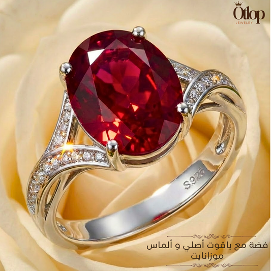 خاتم من الياقوت الأحمر الأصلي مع الفضه المطليه بالبلاتين ، - كود 1071