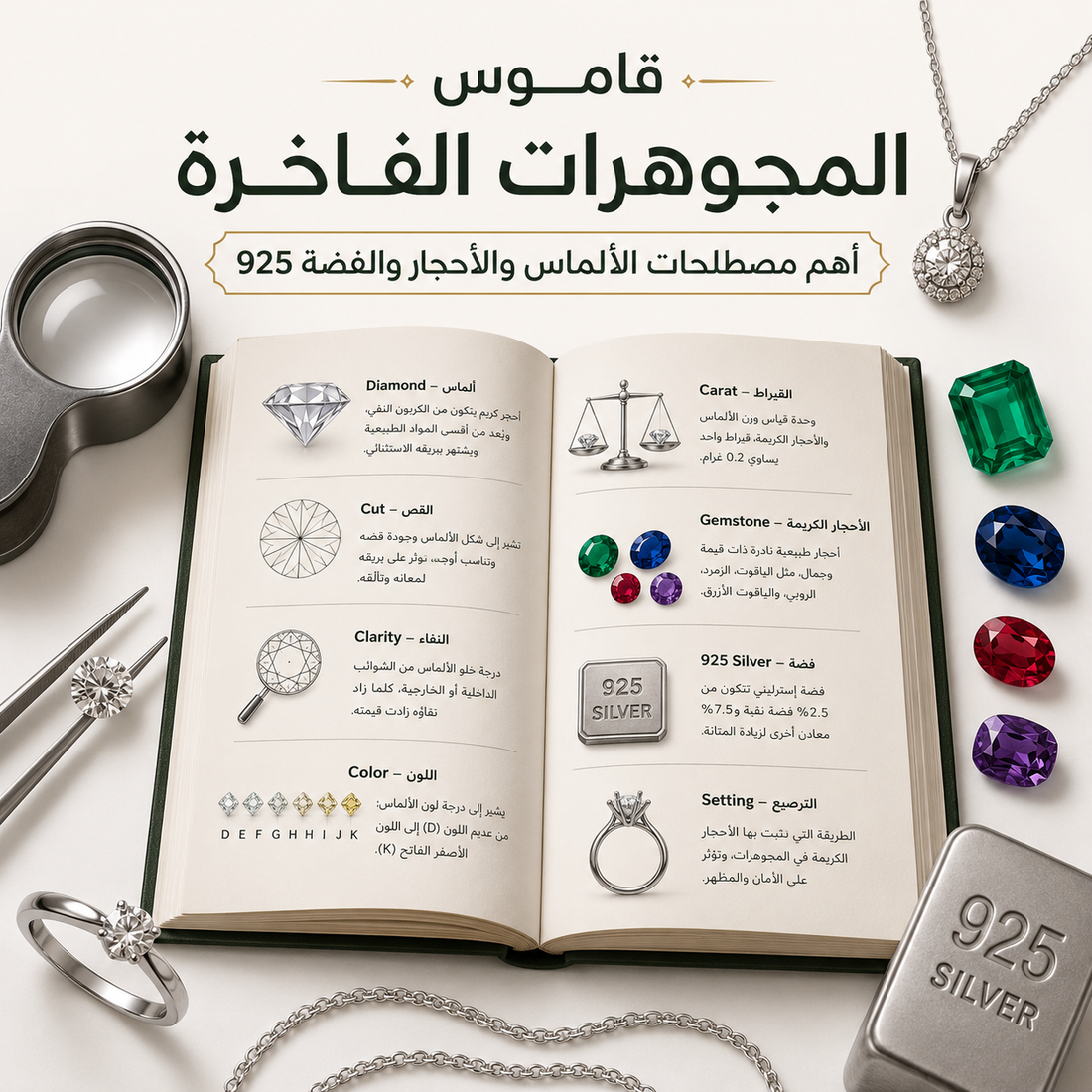 قاموس المجوهرات الفاخرة: أهم مصطلحات الألماس والأحجار والفضة 925