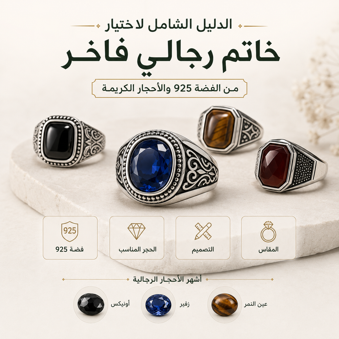 الدليل الشامل لاختيار خاتم رجالي فاخر من الفضة 925 والأحجار الكريمة
