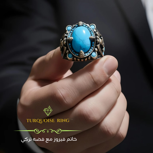 خاتم فضة تركي 925 بنقش نسر الأناضول العثماني وحجر فيروز طبيعي -كود 3465