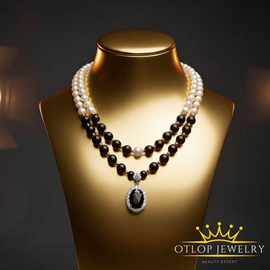 طقم 2 عقد من اللؤلؤ الفاخر مع عقيق الأونكس الأصلي مع بروش من عقيق أونكس- كود 5100