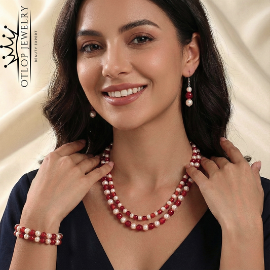 طقم كامل حلق وسلسله وخاتم من اللؤلؤ الطبيعي مع العقيق الأحمر - كود 9973