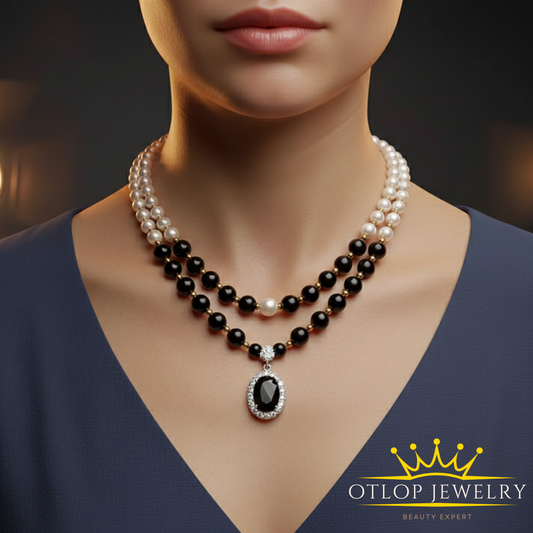 طقم 2 عقد من اللؤلؤ الفاخر مع عقيق الأونكس الأصلي مع بروش من عقيق أونكس- كود 5100