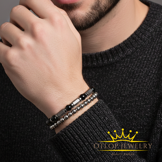 أسورتين بتصميم فريد وجديد. للجنسين، من الهيماتايت الطبيعي مع عقيق أونكس أصلي- كود 04056