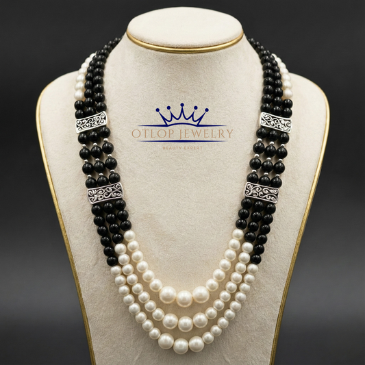 عقد مزدوج من اللؤلؤ الطبيعي الأبيض مع عقيق أونكس أصلي، هدية فاخرة ، مجوهرات راقية- كود 9810