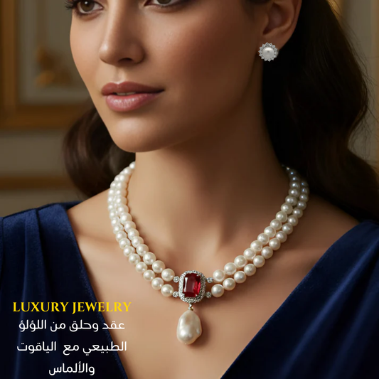 عقد وحلق من الألماس الحر واللؤلؤ الطبيعي الفاخر مع الياقوت الأصلي  لسيدات المجتمع الراقي- كود 1442